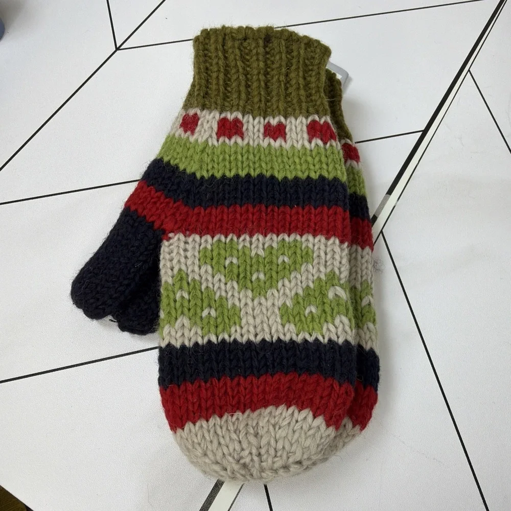 100% Wool Knit Made Nepal Winter Mitten Fleece Lined Heart Navy Winter Warm‎
